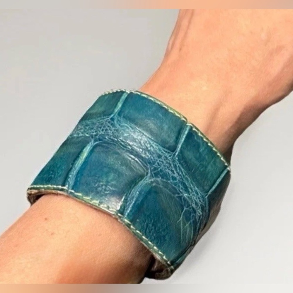Teal Blue Crocodile Embossed leather Cuff Bracelet